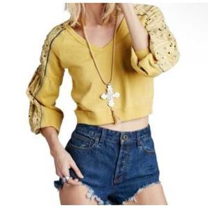 Free People Mustard Yellow V-Neck Crop Sweater with Embellished Sleeves